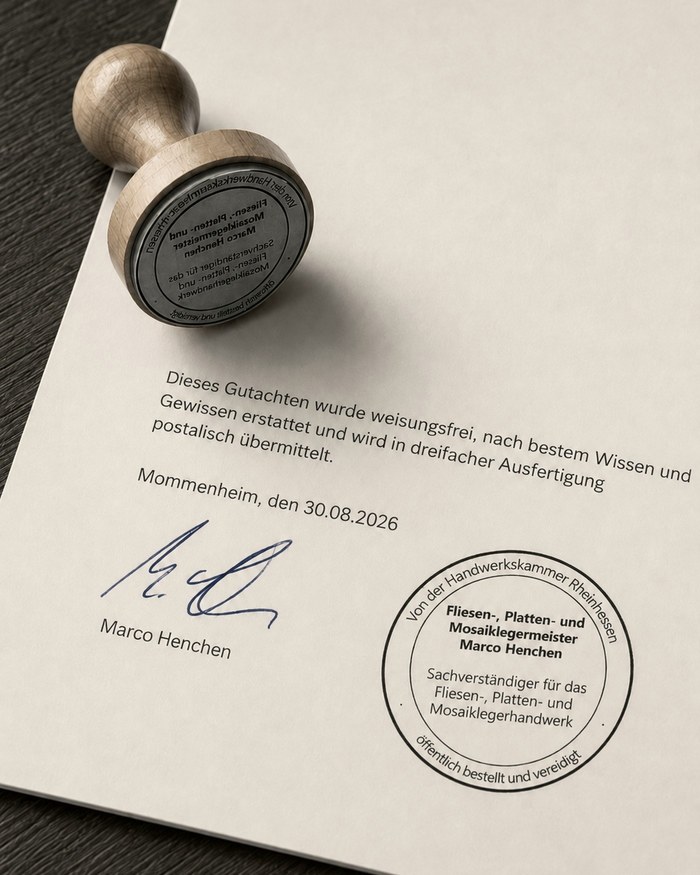 Von Marco Henchen erstattetes Gutachten mit Unterschrift und dem Rundstempel des von der Handwerkskammer Rheinhessen öffentlich bestellten und vereidigten Sachverständigen für das Fliesen-, Platten- und Mosaiklegerhandwerk